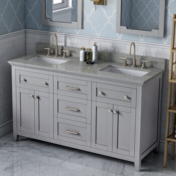 Jeffrey Alexander 60'' W Grey Chatham Double Vanity Cabinet Base with Steel Grey Cultured Marble Vanity Top and Two Undermount Rectangle Bowls