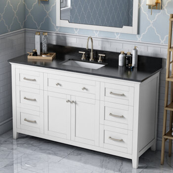 Jeffrey Alexander 60'' W White Chatham Single Vanity Cabinet Base with Black Granite Vanity Top and Undermount Rectangle Bowl