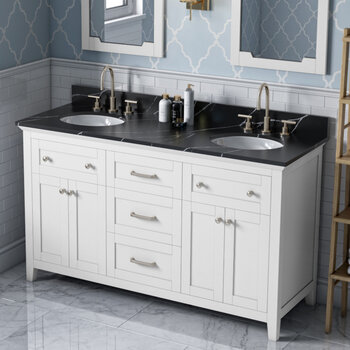60" White Chatham Vanity, Double Sink Calacatta Black Quartz Vanity Top with (2x) Undermount Oval Sinks
