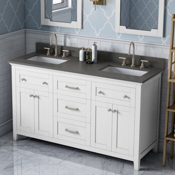 60" White Chatham Vanity, Double Sink Grey Quartz Vanity Top with (2x) Undermount Rectangle Sinks
