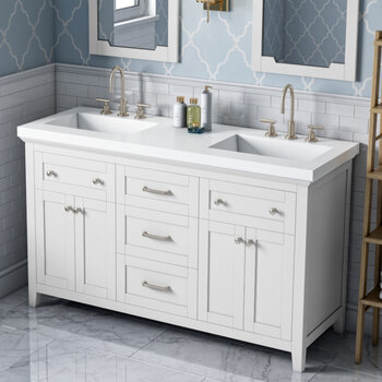 60" White Chatham Vanity, Double Sink Lavante Cultured Marble Vessel Vanity Top with Double Integrated Rectangle Sinks