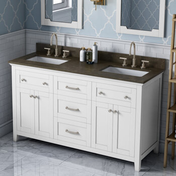 60" White Chatham Vanity, Double Sink Blue Limestone Vanity Top with (2x) Undermount Rectangle Sinks
