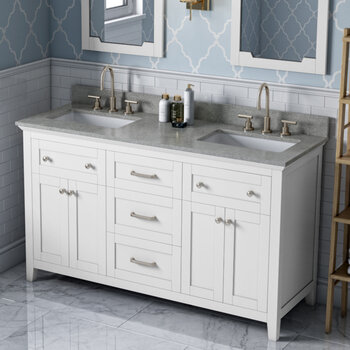 60" White Chatham Vanity, Double Sink Steel Grey Cultured Marble Vanity Top with (2x) Undermount Rectangle Sinks