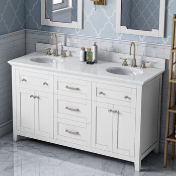 60" White Chatham Vanity, Double Sink White Carrara Marble Vanity Top with (2x) Undermount Oval Sinks