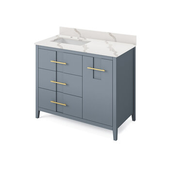 Jeffrey Alexander Katara 42'' W Blue Steel Vanity w/ Left Offset, Calacatta Quartz Top, Rectangle Bowl