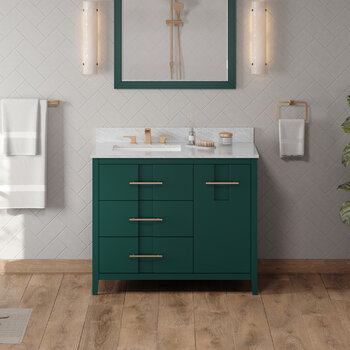 Jeffrey Alexander Katara 42'' Forest Green Single Bowl Vanity with Left Offset, White Carrara Marble Vanity Top and Undermount Rectangle Bowl
