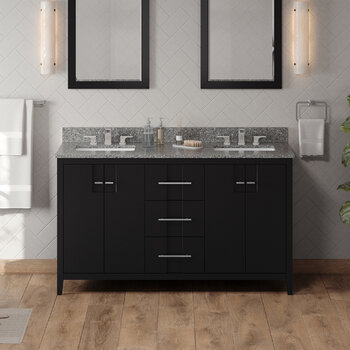 Jeffrey Alexander Katara 60'' Black Double Bowl Vanity with Boulder Cultured Marble Vanity Top and Two Undermount Rectangle Bowls