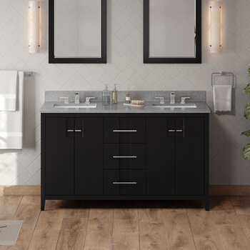 Jeffrey Alexander Katara 60'' Black Double Bowl Vanity with Steel Grey Cultured Marble Vanity Top and Two Undermount Rectangle Bowls