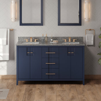 Jeffrey Alexander Katara 60'' Hale Blue Double Bowl Vanity with Boulder Cultured Marble Vanity Top and Two Undermount Rectangle Bowls