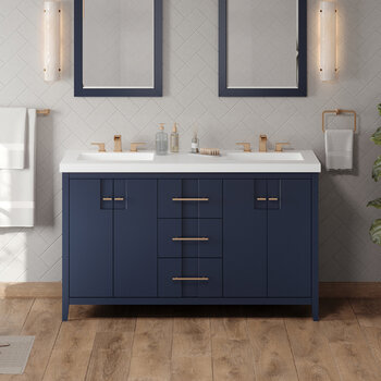 Jeffrey Alexander Katara 60'' Hale Blue Double Bowl Vanity with Lavante Cultured Marble Vessel Vanity Top and Two Integrated Rectangle Bowls