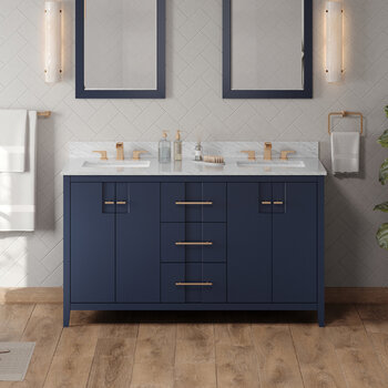 Jeffrey Alexander Katara 60'' Hale Blue Double Bowl Vanity with White Carrara Marble Vanity Top and Two Undermount Rectangle Bowls