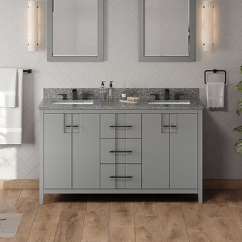Jeffrey Alexander Katara 60'' Grey Double Bowl Vanity with Boulder Cultured Marble Vanity Top and Two Undermount Rectangle Bowls