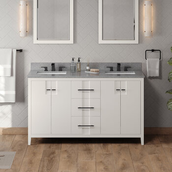 Jeffrey Alexander Katara 60'' White Double Bowl Vanity with Steel Grey Cultured Marble Vanity Top and Two Undermount Rectangle Bowls