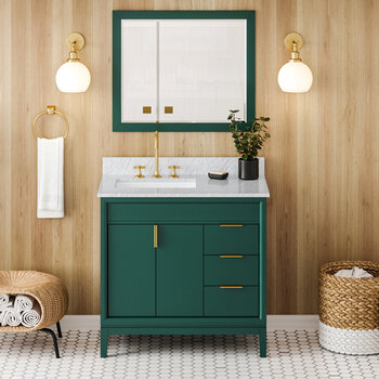 Jeffrey Alexander Theodora 36'' Forest Green Single Bowl Vanity with Left Offset, White Carrara Marble Vanity Top, and Undermount Rectangle Bowl