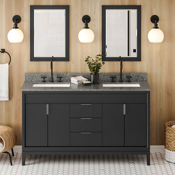 Jeffrey Alexander Theodora 60'' Black Double Bowl Vanity with Boulder Cultured Marble Vanity Top and Undermount Rectangle Bowls