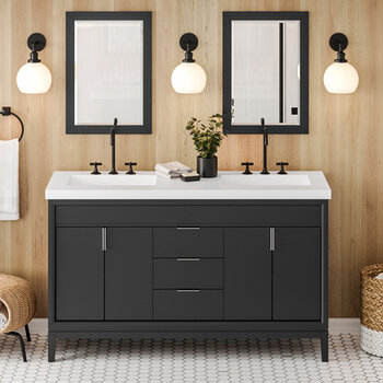 Jeffrey Alexander Theodora 60'' Black Double Bowl Vanity with Lavante Cultured Marble Vessel Vanity Top and Integrated Rectangle Bowls