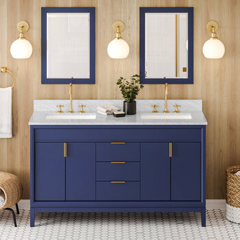 Jeffrey Alexander Theodora 60'' Hale Blue Double Bowl Vanity with White Carrara Marble Vanity Top and Undermount Rectangle Bowls