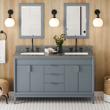 Jeffrey Alexander Theodora 60'' Blue Steel Double Bowl Vanity with Boulder Cultured Marble Vanity Top and Undermount Rectangle Bowls
