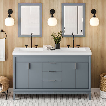 Jeffrey Alexander Theodora 60'' Blue Steel Double Bowl Vanity with Lavante Cultured Marble Vessel Vanity Top and Integrated Rectangle Bowls