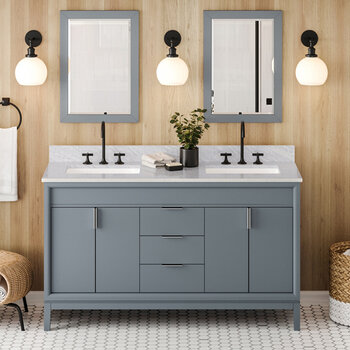 Jeffrey Alexander Theodora 60'' Blue Steel Double Bowl Vanity with White Carrara Marble Vanity Top and Undermount Rectangle Bowls