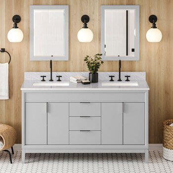 Jeffrey Alexander Theodora 60'' Grey Double Bowl Vanity with White Carrara Marble Vanity Top and Undermount Rectangle Bowls