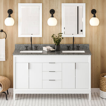 Jeffrey Alexander Theodora 60'' White Double Bowl Vanity with Boulder Cultured Marble Vanity Top and Undermount Rectangle Bowls