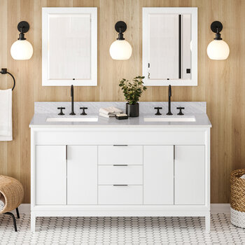 Jeffrey Alexander Theodora 60'' White Double Bowl Vanity with White Carrara Marble Vanity Top and Undermount Rectangle Bowls