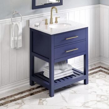 30" Hale Blue Wavecrest Vanity, White Carrara Marble Vanity Top with Undermount Oval Sink