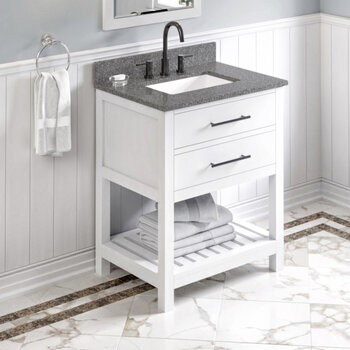 Jeffrey Alexander 30'' W White Wavecrest Single Vanity Cabinet Base with Boulder Cultured Marble Vanity Top and Undermount Rectangle Bowl