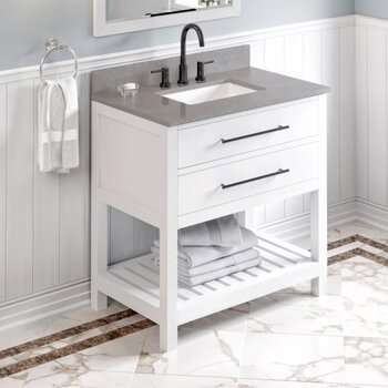 Jeffrey Alexander 36'' W White Wavecrest Single Vanity Cabinet Base with Steel Grey Cultured Marble Vanity Top and Undermount Rectangle Bowl