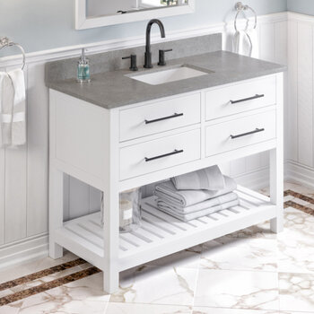 Jeffrey Alexander 48'' W White Wavecrest Single Vanity Cabinet Base with Steel Grey Cultured Marble Vanity Top and Undermount Rectangle Bowl