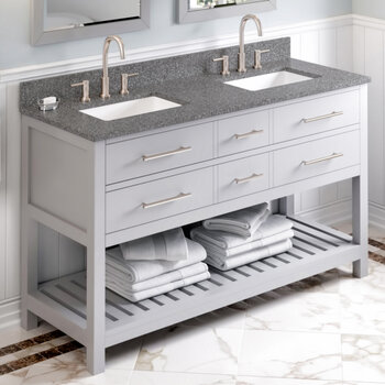 Jeffrey Alexander 60'' W Grey Wavecrest Double Vanity Cabinet Base with Boulder Cultured Marble Vanity Top and Two Undermount Rectangle Bowls