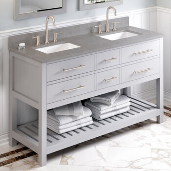 Jeffrey Alexander 60'' W Grey Wavecrest Double Vanity Cabinet Base with Steel Grey Cultured Marble Vanity Top and Two Undermount Rectangle Bowls