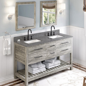 Jeffrey Alexander Wavecrest 60'' W Weathered Grey Double Bowl Vanity with Boulder Cultured Marble Vanity Top and Two Undermount Rectangle Bowls