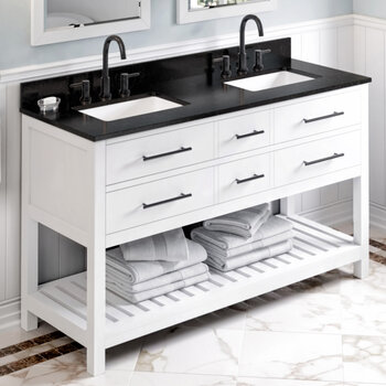 Jeffrey Alexander 60'' W White Wavecrest Double Vanity Cabinet Base with Black Granite Vanity Top and Two Undermount Rectangle Bowls