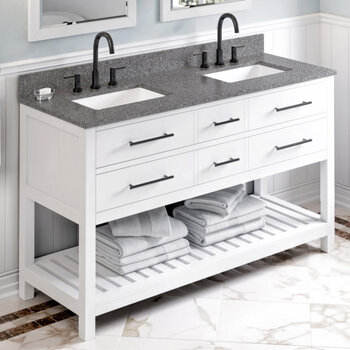 Jeffrey Alexander 60'' W White Wavecrest Double Vanity Cabinet Base with Boulder Cultured Marble Vanity Top and Two Undermount Rectangle Bowls