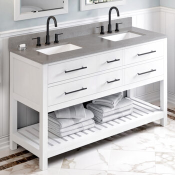 Jeffrey Alexander 60'' W White Wavecrest Double Vanity Cabinet Base with Steel Grey Cultured Marble Vanity Top and Two Undermount Rectangle Bowls