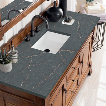 James Martin Furniture Brookfield 60'' Single Vanity, Country Oak w/ 3 cm (1-3/8'') Thick Parisien Bleu Quartz Top and Rectangle Undermount Sink Overhead Top View