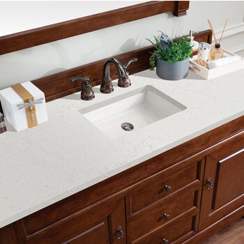 James Martin Furniture Brookfield 60'' Single Vanity, Warm Cherry w/ 3 cm (1-3/8'') Thick Lime Delight Quartz Top and Rectangle Undermount Sink Overhead Top View