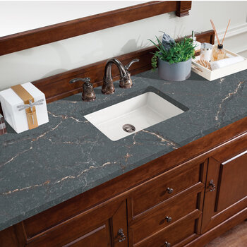 James Martin Furniture Brookfield 60'' Single Vanity, Warm Cherry w/ 3 cm (1-3/8'') Thick Parisien Bleu Quartz Top and Rectangle Undermount Sink Overhead Top View