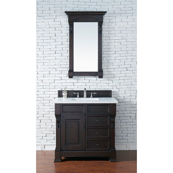 James Martin Furniture Brookfield 36'' Burnished Mahogany w/ White Zeus Top Front View
