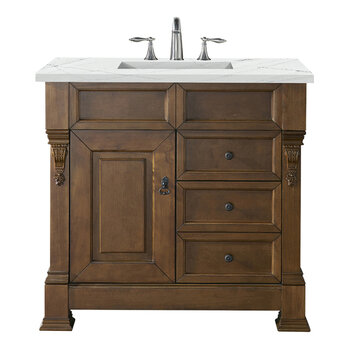 James Martin Furniture Brookfield 36'' Single Vanity in Country Oak with 3cm (1-3/8'' ) Thick Ethereal Noctis Quartz Top and Rectangle Undermount Sink