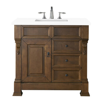 James Martin Furniture Brookfield 36'' Single Vanity in Country Oak w/ 3cm (1-3/8'') Thick White Zeus Quartz Top