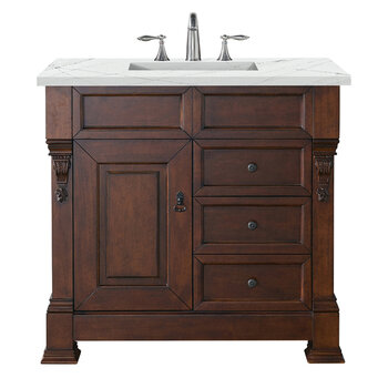 James Martin Furniture Brookfield 36'' Single Vanity in Warm Cherry with 3cm (1-3/8'' ) Thick Ethereal Noctis Quartz Top and Rectangle Undermount Sink