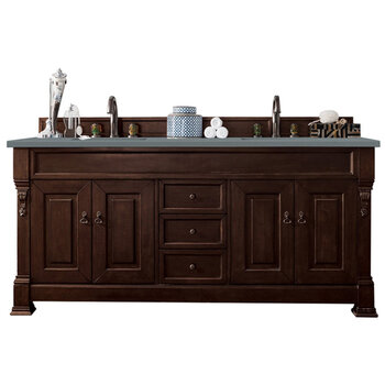 James Martin Furniture Brookfield 72''  Double Vanity in Burnished Mahogany with 3cm (1-3/8'' ) Thick Cala Blue Quartz Top and Rectangle Undermount Sinks