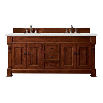 James Martin Furniture Brookfield 72''  Double Vanity in Warm Cherry with 3cm (1-3/8'' ) Thick Ethereal Noctis Quartz Top and Rectangle Undermount Sinks