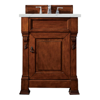 James Martin Furniture Brookfield 26'' Single Vanity in Warm Cherry with 3cm (1-3/8'' ) Thick Ethereal Noctis Quartz Top and Rectangle Undermount Sink
