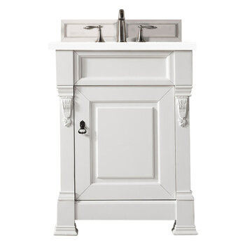 James Martin Furniture Brookfield 26'' Single Vanity in Bright White w/ 3cm (1-3/8'') Thick White Zeus Quartz Top