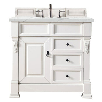 James Martin Furniture Brookfield 36'' Single Vanity in Bright White with 3cm (1-3/8'' ) Thick Ethereal Noctis Quartz Top and Rectangle Undermount Sink