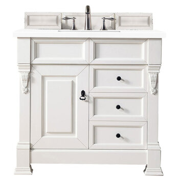 James Martin Furniture Brookfield 36'' Single Vanity in Bright White w/ 3cm (1-3/8'') Thick White Zeus Quartz Top